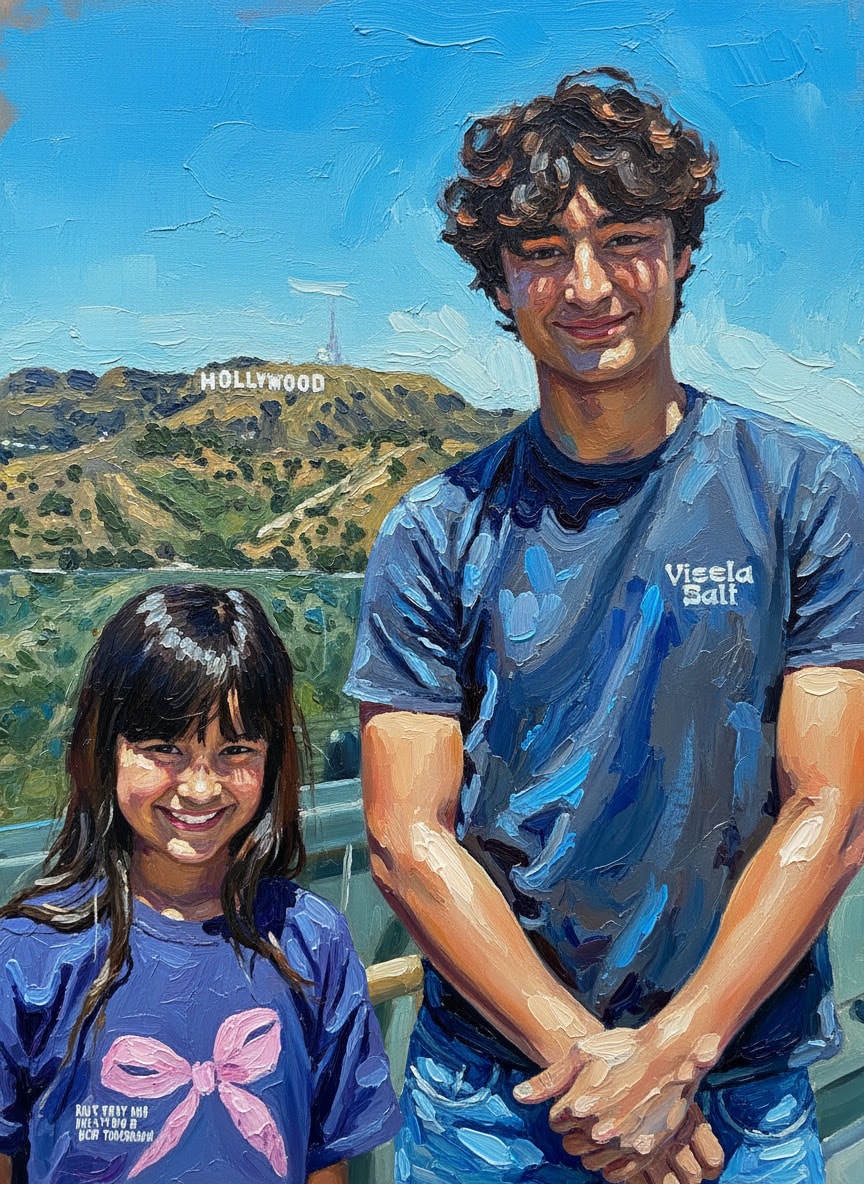 Two Mui kids in front of the Hollywood sign, painted portrait style